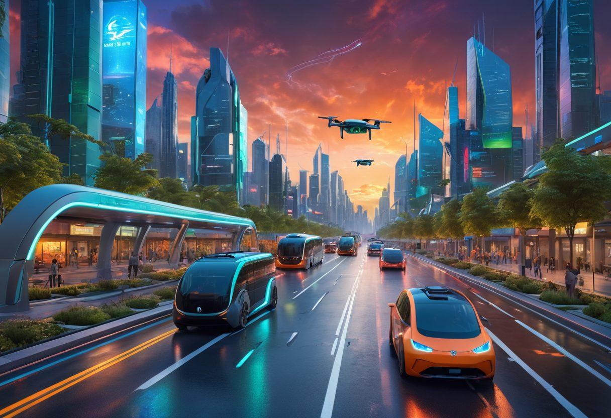 A futuristic cityscape showcasing autonomous vehicles seamlessly navigating through smart roads, with drones delivering goods above. Highlight diverse transportation options like electric buses and cargo bicycles. Incorporate elements of greenery and urban innovation, such as solar panels and charging stations. Vivid colors and a bright sky create an optimistic atmosphere. cyberpunk. vibrant colors. 3D.