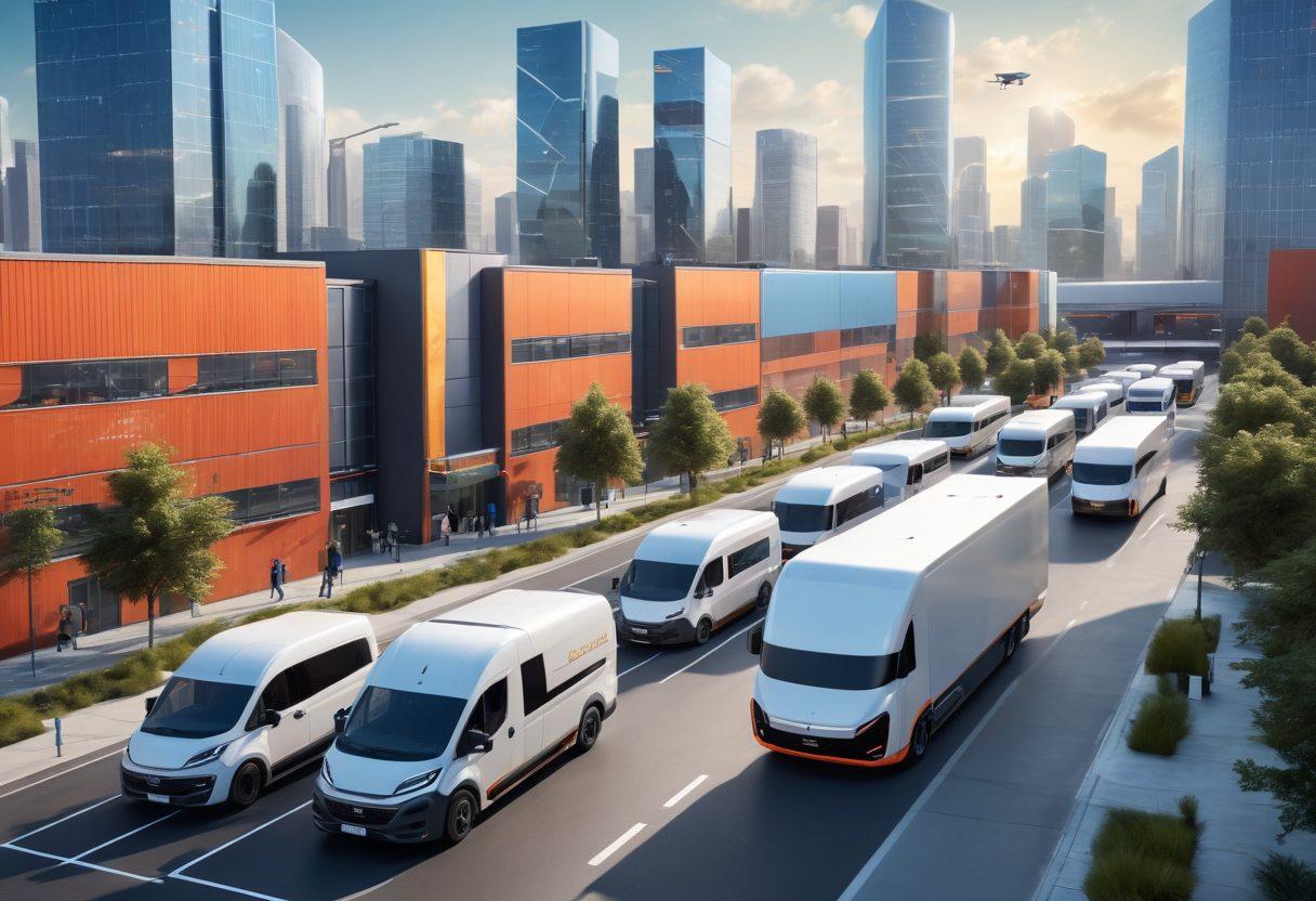A futuristic fleet of diverse vehicles, including electric trucks and autonomous delivery vans, navigating through a smart city with connected networks and digital maps. In the background, warehouses and distribution centers are streamlined and efficient, showcasing drones and robotics handling logistics. The sky is bright with a hint of technology, symbolizing innovation and sustainability in transport. super-realistic. vibrant colors. 3D.