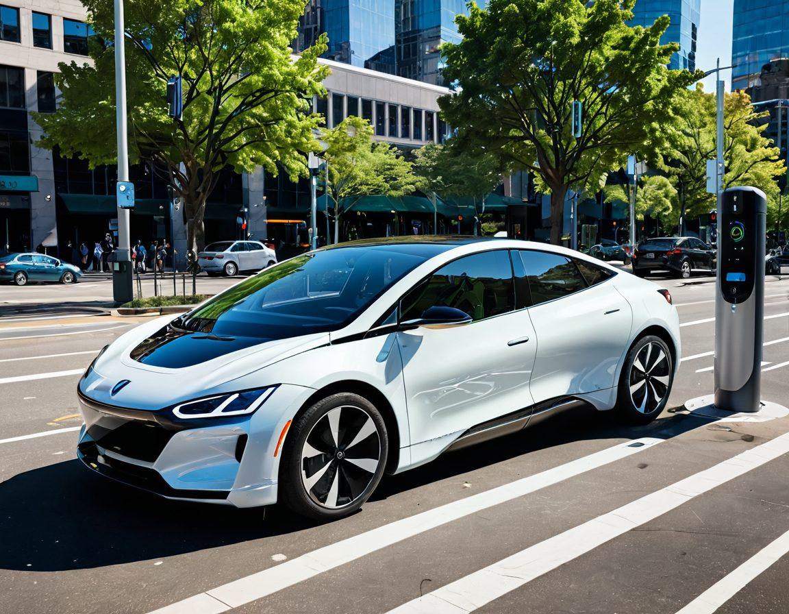 A sleek, futuristic car with digital interfaces seamlessly integrating into a smart city landscape filled with autonomous vehicles, bike-sharing stations, and pedestrians using mobile apps. The city is bustling with green parks and solar-powered charging stations, showcasing advanced technology and sustainability. Bright, engaging colors with intricate details to highlight innovation and connectivity. super-realistic. vibrant colors. 3D.